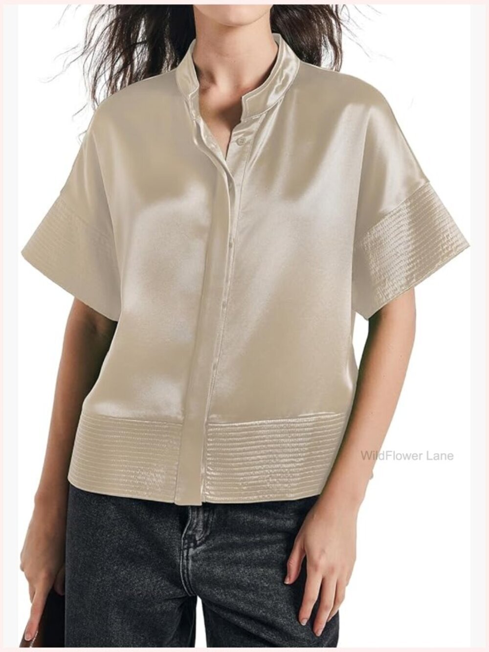 Cropped Short Sleeve Button Down Shirt Stand Collar Trendy Work Blouse